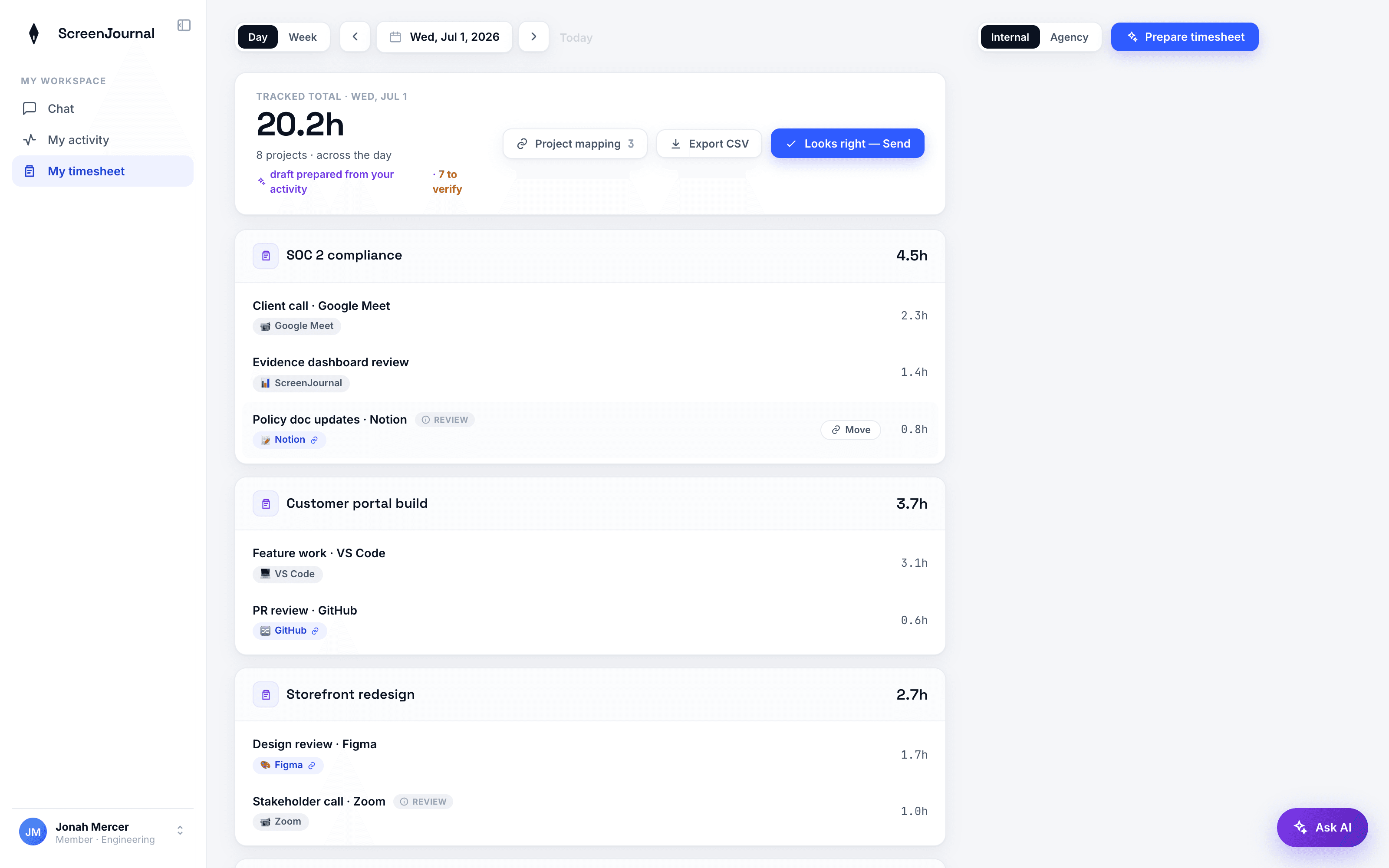 A ScreenJournal timesheet drafted with one click, each line tagged with the app it came from.