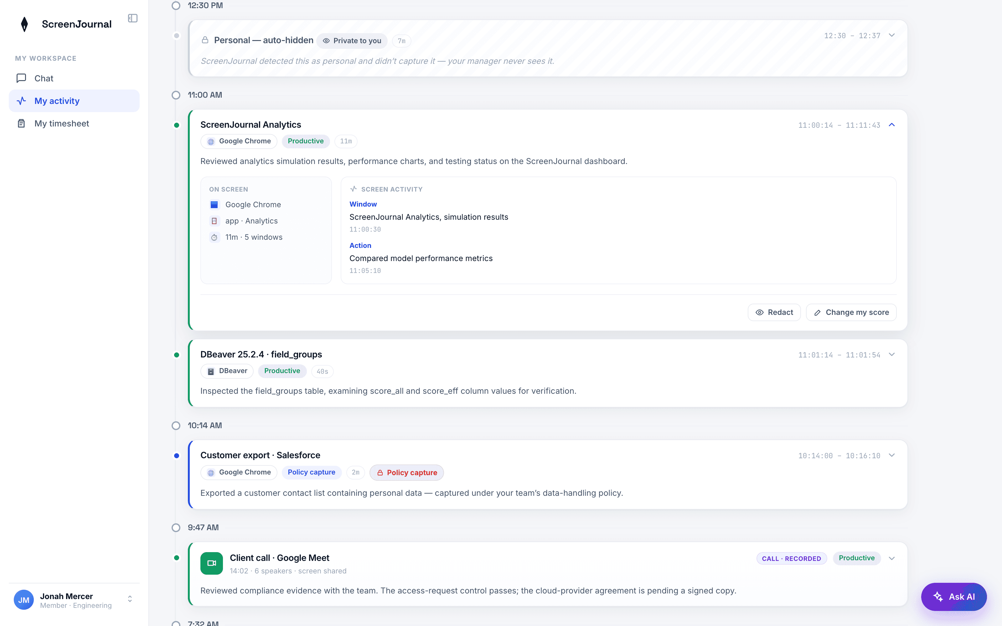 A ScreenJournal timeline entry expanded to show the app badge, plain-English summary, duration and score.