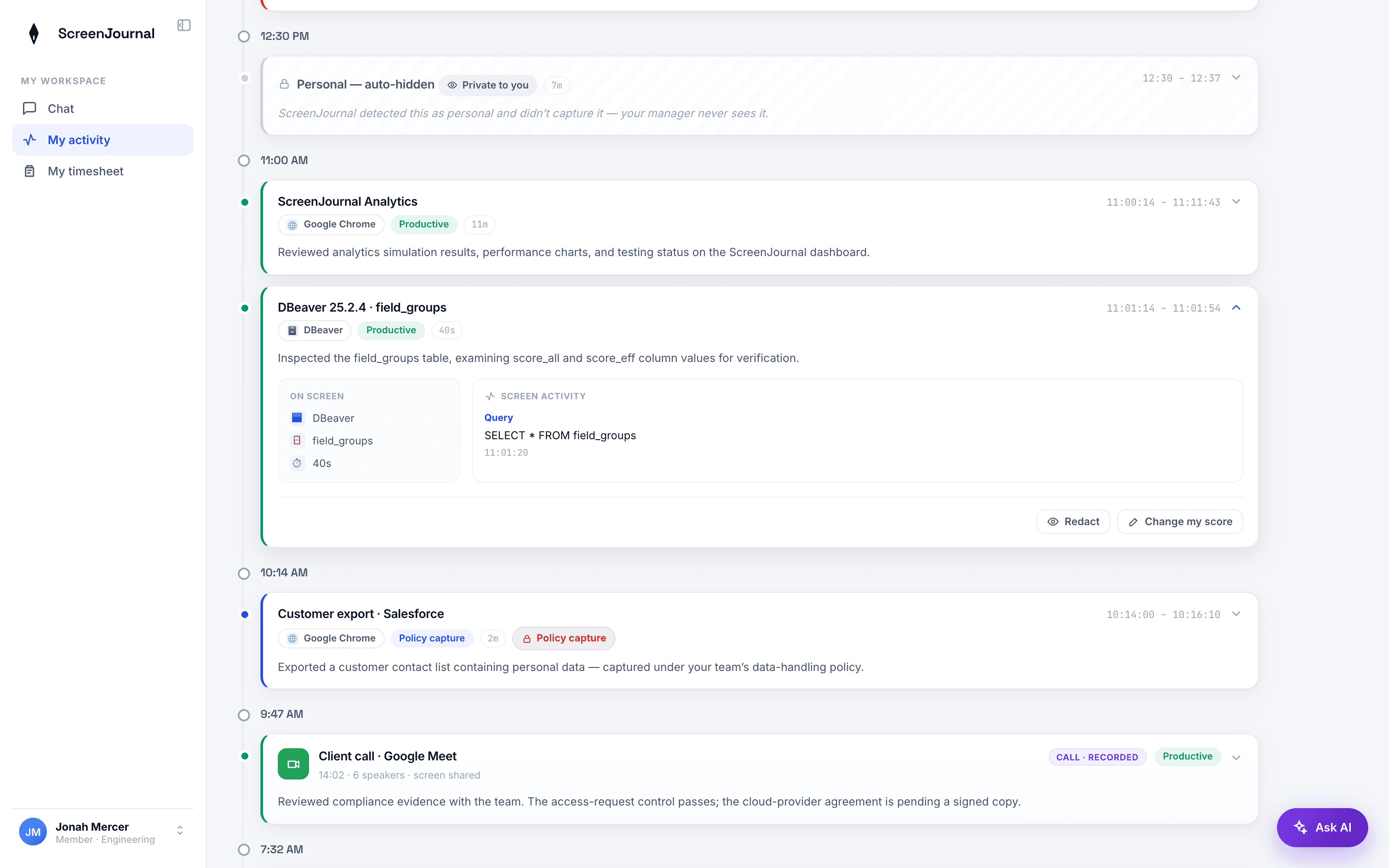 ScreenJournal member timeline with a Redact control and an auto-hidden Personal entry type.