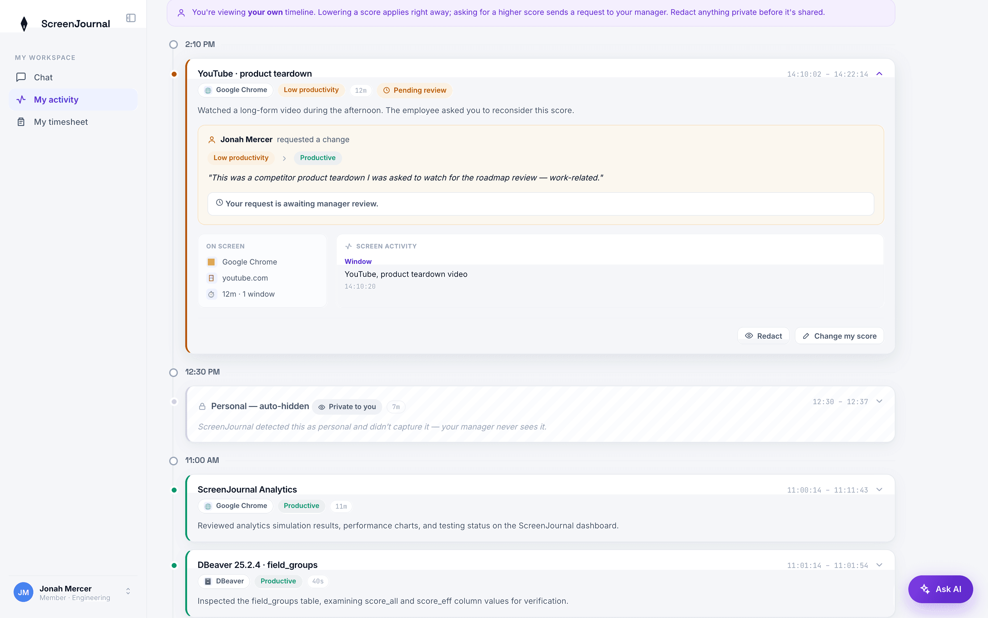 A scored ScreenJournal timeline entry with a pending Change my score request awaiting manager review.