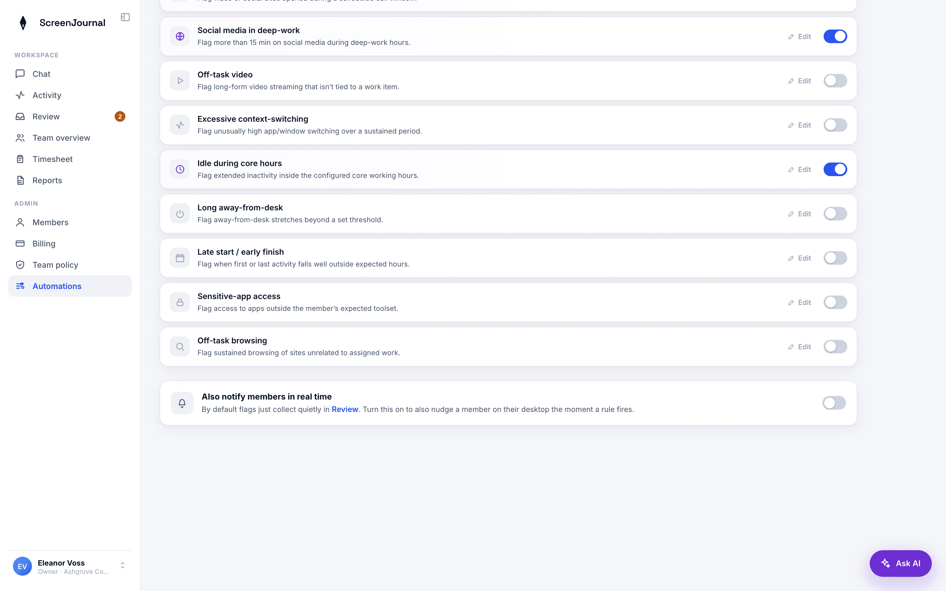 ScreenJournal Automations page with real-time nudges off by default, flags collecting quietly in Review instead.