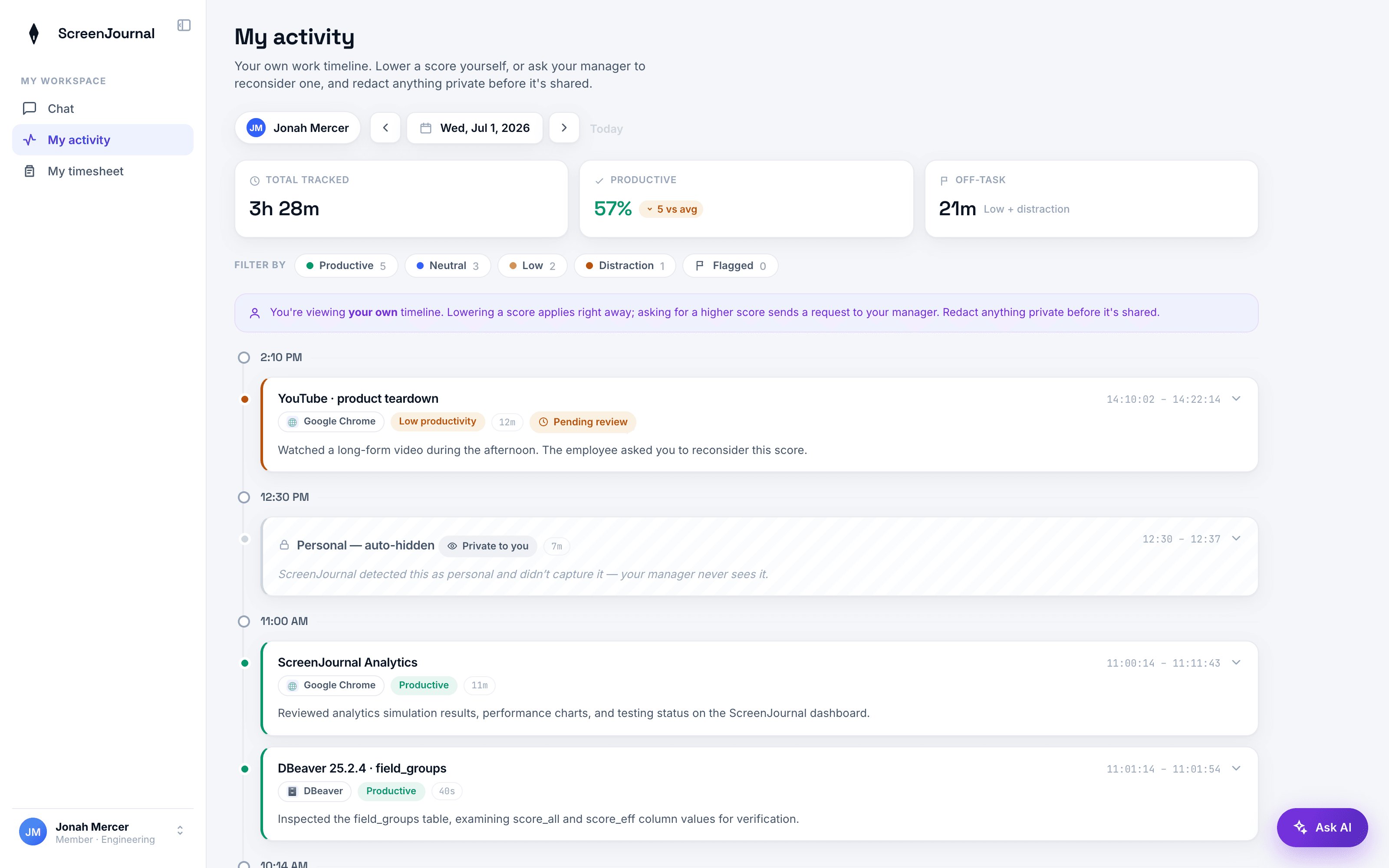 The ScreenJournal Activity page showing a scored, per-session work timeline with app badges, durations and plain-English entry summaries
