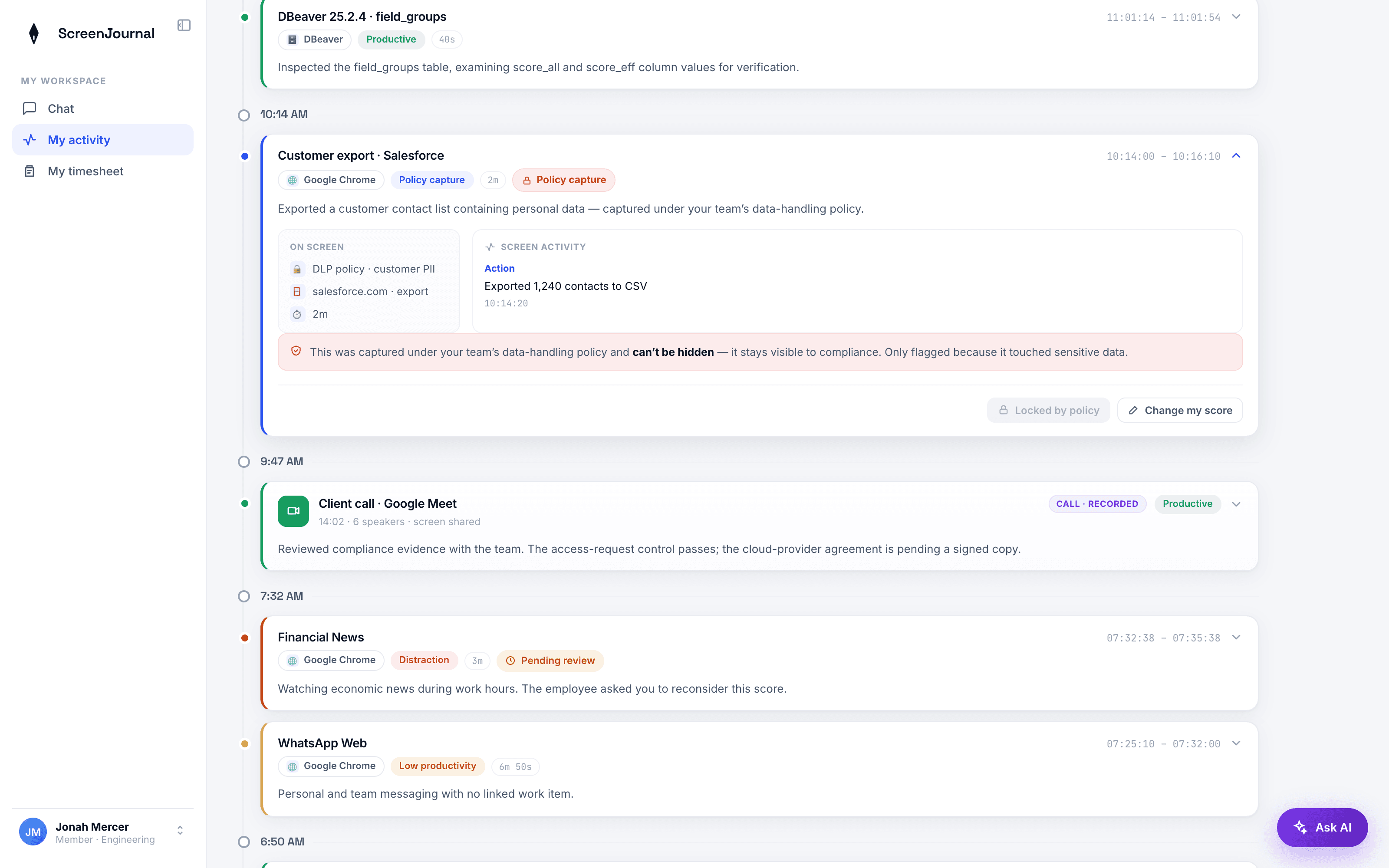 A locked Policy capture entry in a ScreenJournal member timeline, which cannot be hidden or redacted.
