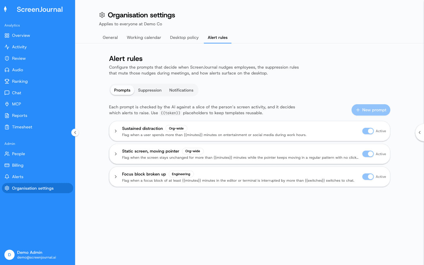 ScreenJournal alert rules: the plain-language prompts, suppression rules and notification settings behind every nudge.